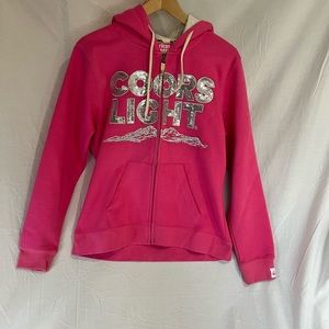 Coors Light,  woman’s sz MED,  zip up, hoodie pink sweatshirt w/ silver sequins